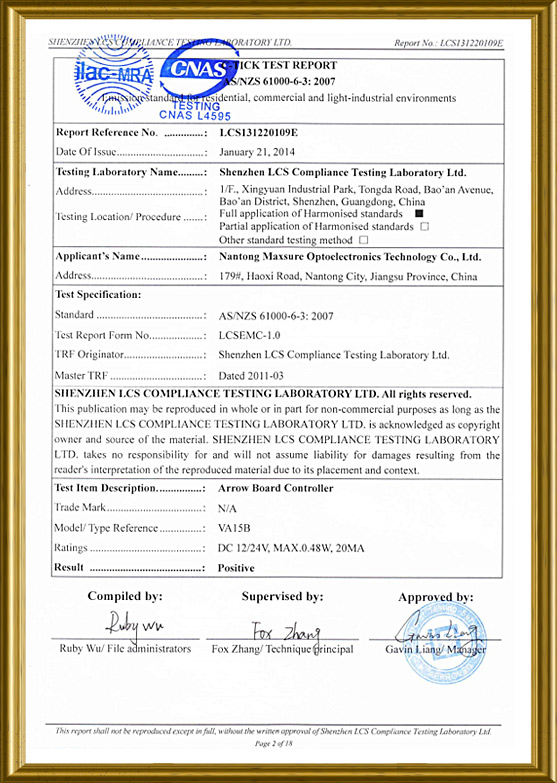 portable traffic lights certificate